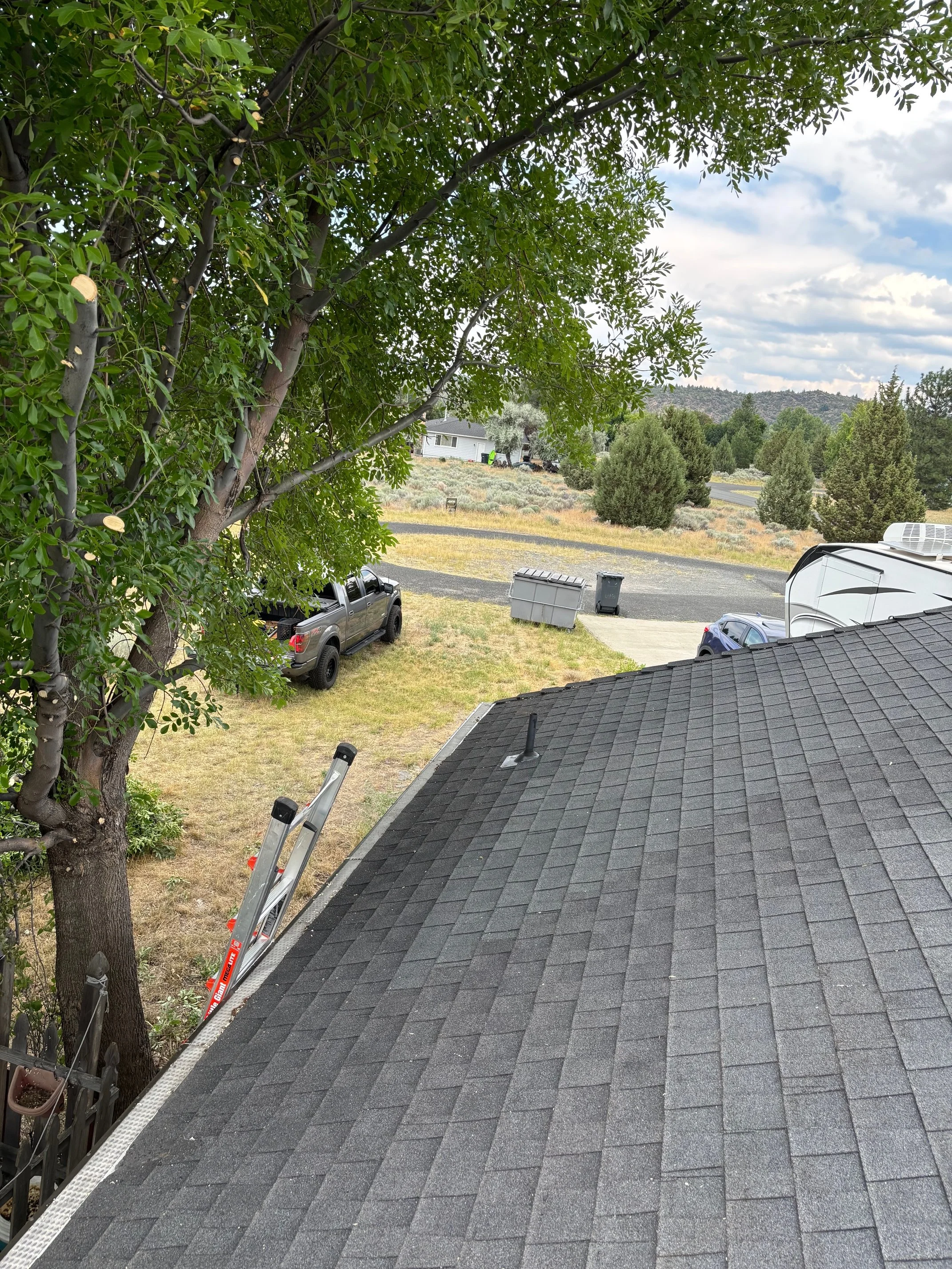 View from a roof showing a tree, outdoor yard with a truck, trash cans, and distant trees and hills under cloudy sky.