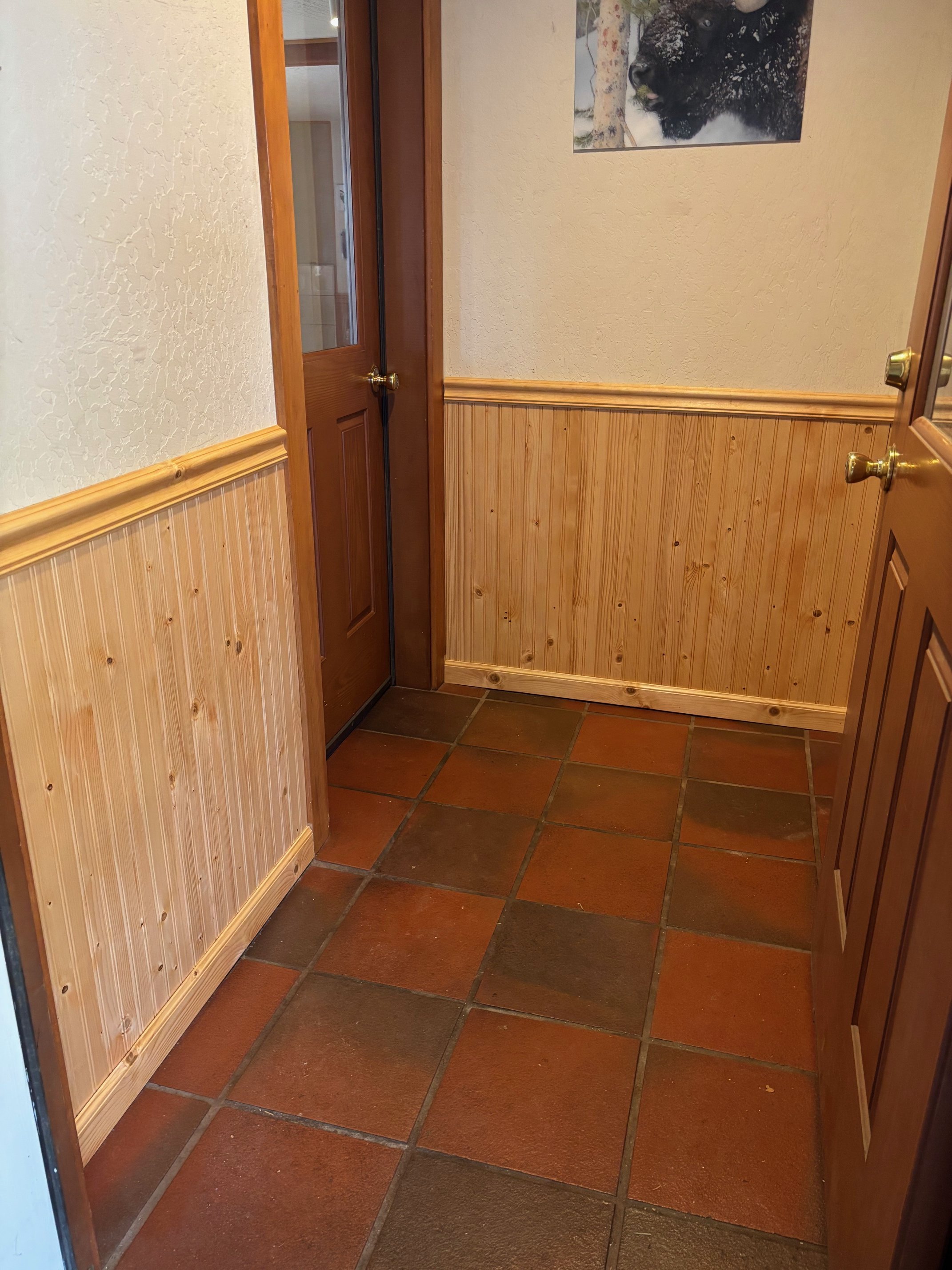 A small room with terracotta tile flooring, wood-paneled wainscoting, and three closed wooden doors. A black and white dog breed photograph hangs on the wall.