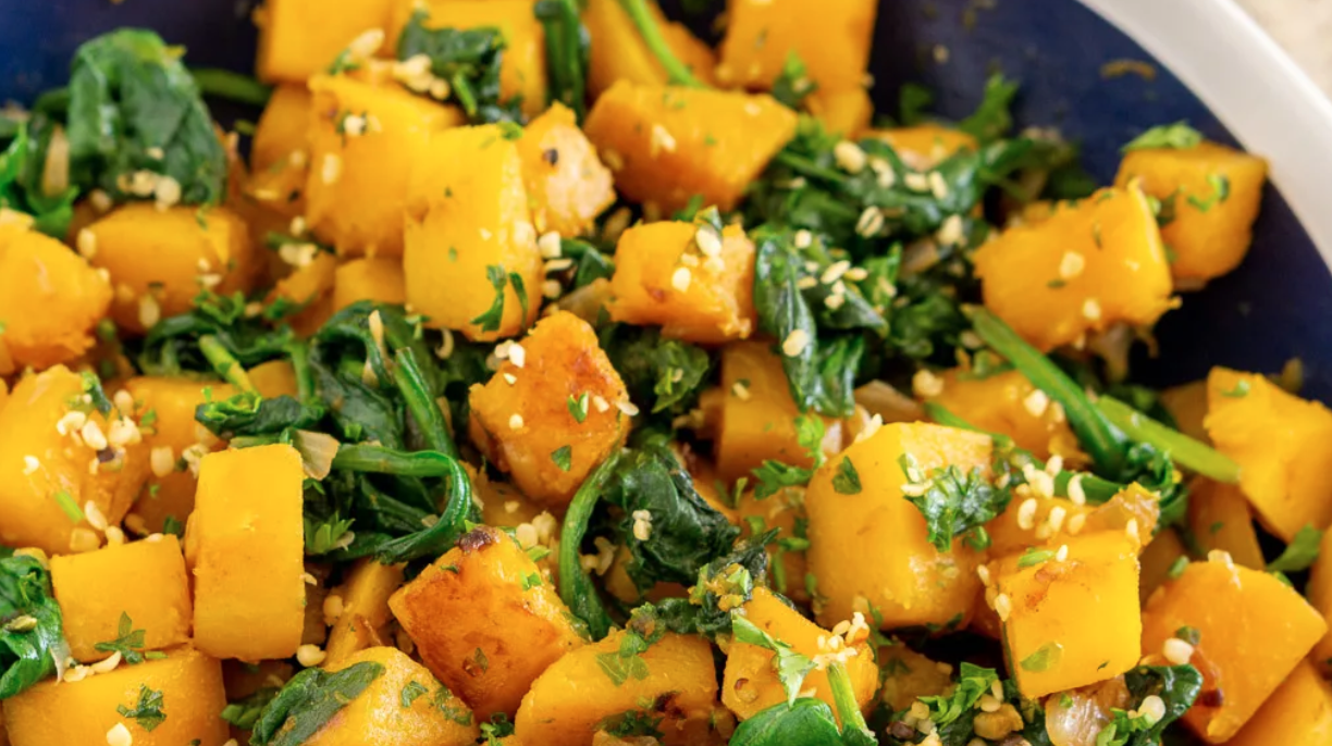 Roasted Squash, White Beans and Wilted Spinach (Vegan)