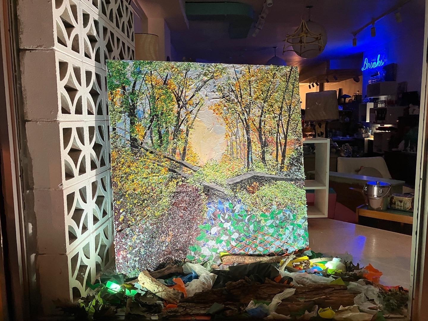 Once A Tributary, 2022 East End Arts Nuit Blanche.
Modelling paste, recycling bags, single use plastic bags, food waste bags, plasticized reusable bags, food packaging, 48"H x 48"W canvas. Installation includes more of the same plus leaves, rocks, br