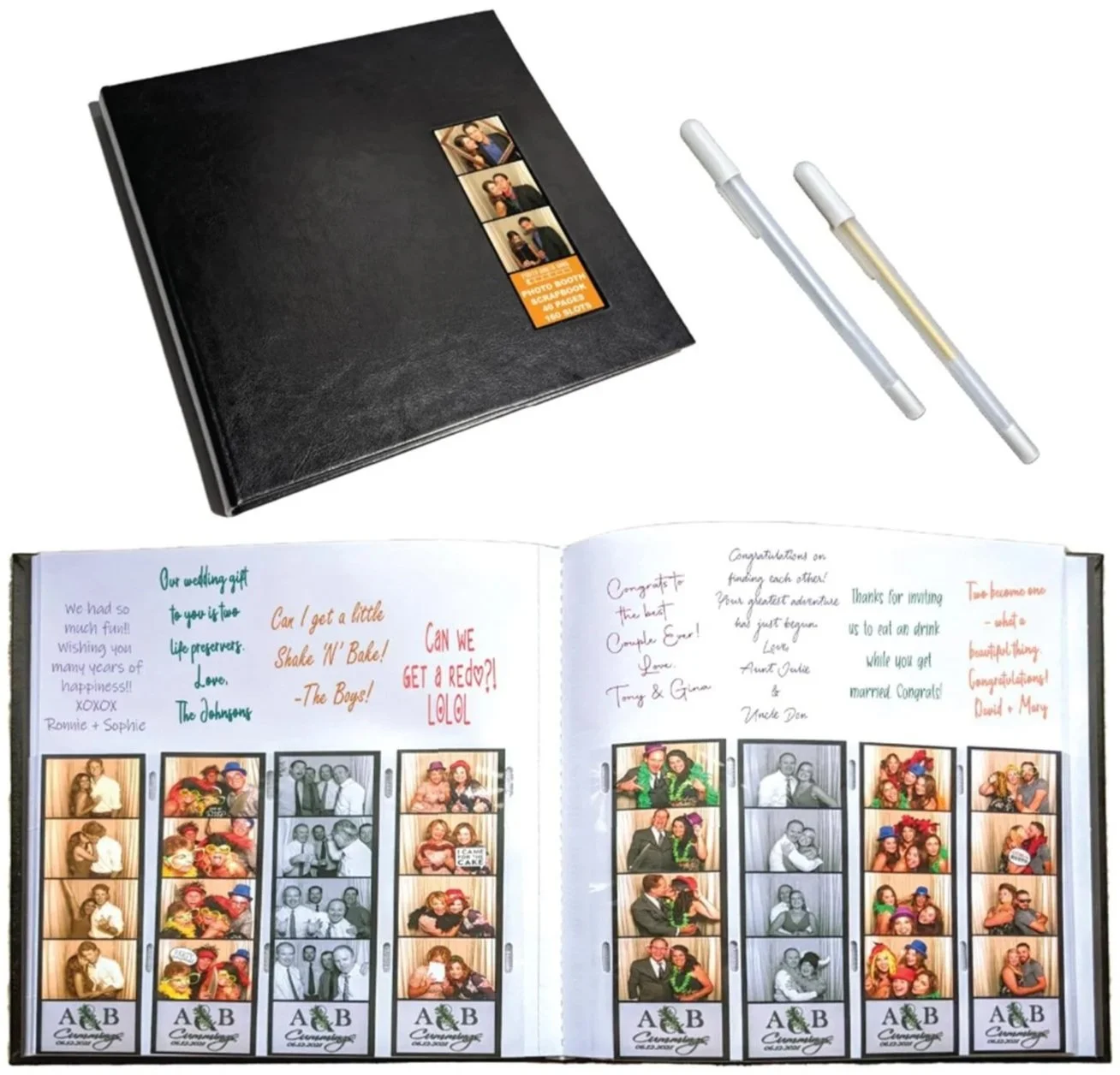 Photo booth guest book album with photo booth strips and handwritten messages inside, along with two white pens.