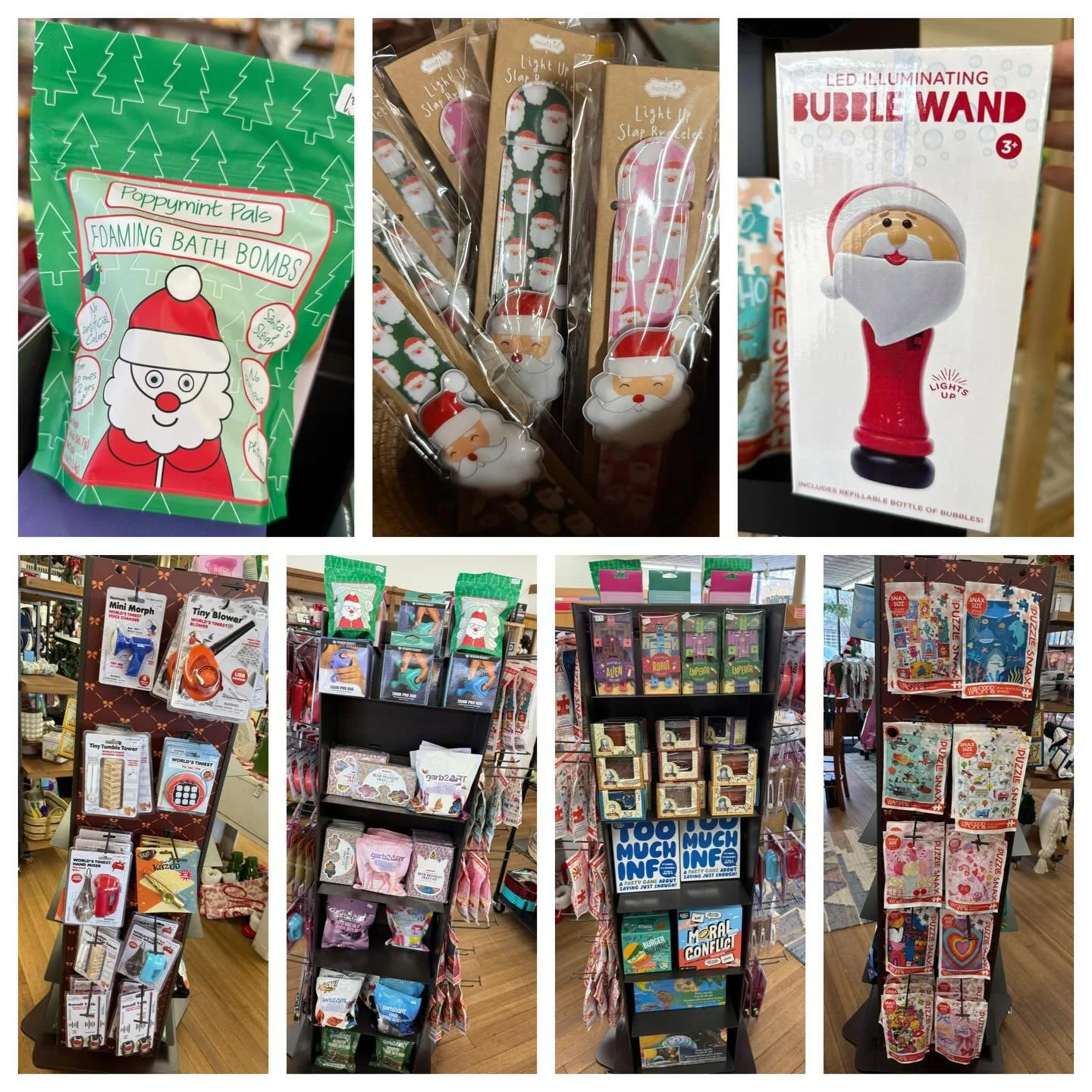 We&rsquo;ve got little gifts and stocking stuffers! 
The list is long&hellip; puzzle/brain busters, mini games, bracelet making kits, books, bath bombs with surprises, puzzles, squishies, mini voice changers, airplane flyers, coloring books, sticker 