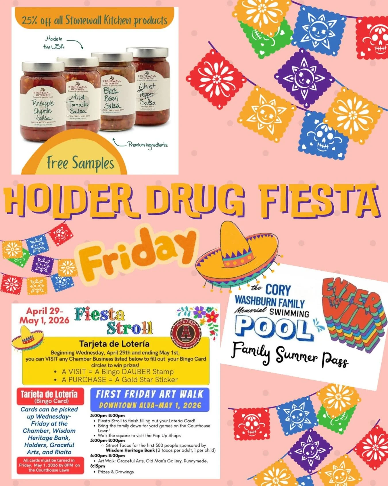 It&rsquo;s happening around town THIS FRIDAY! 

🌮🌮 We&rsquo;ll be having samples of stonewall kitchen products and 25% off during the stroll! 

💦💦 Also, come in and sign up to WIN a free family summer pass to the Cory Washburn Family Swimming Poo