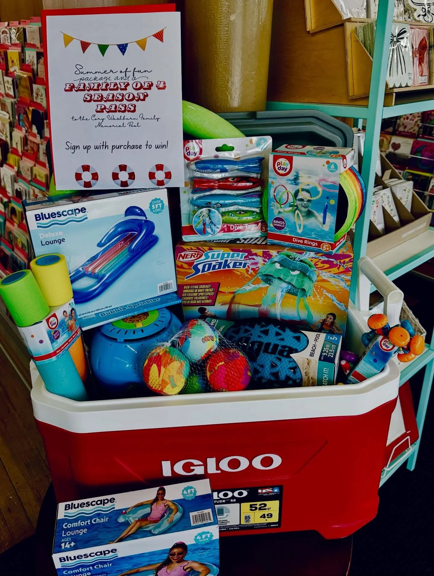 That&rsquo;s right! 😎😎😎
This week with every purchase you can enter to win this fun summer bundle AND a Family 4 Season Pass to the Cory Washburn Family Swimming Pool!

Stop in this week to enter! 
Winner will be announced THIS FRIDAY!