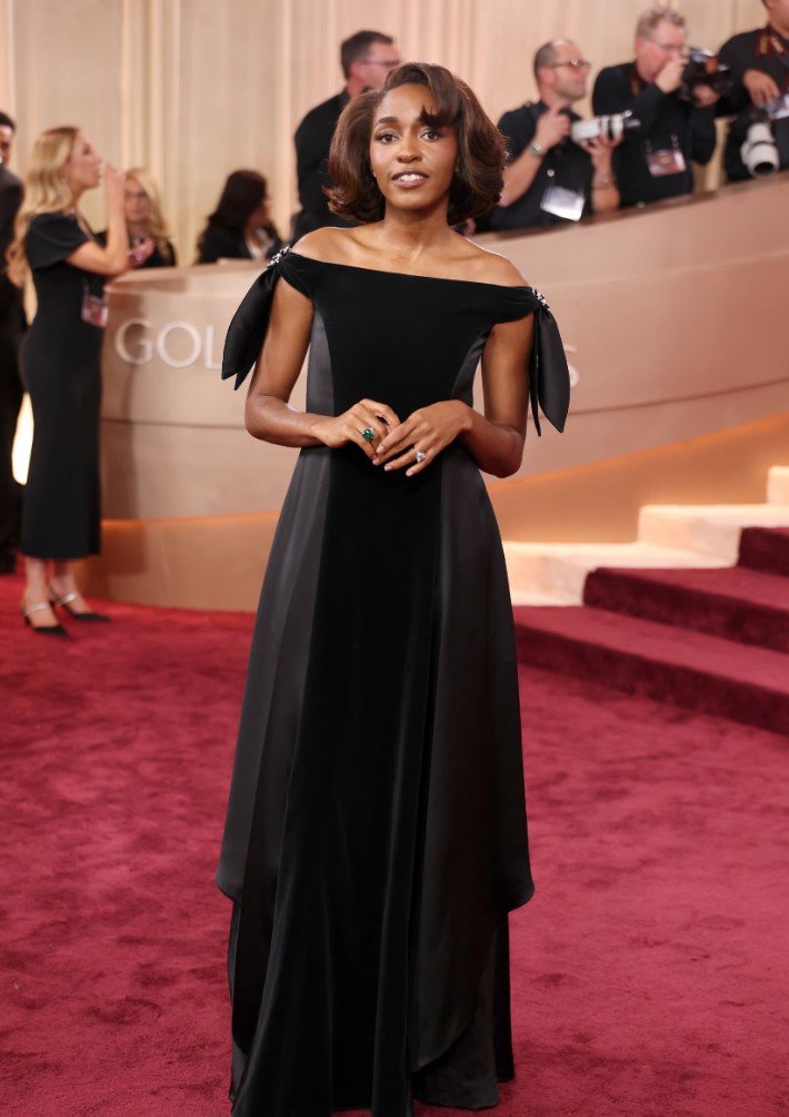 Ayo Edebiri in Chanel dress at the Golden Globes red carpet