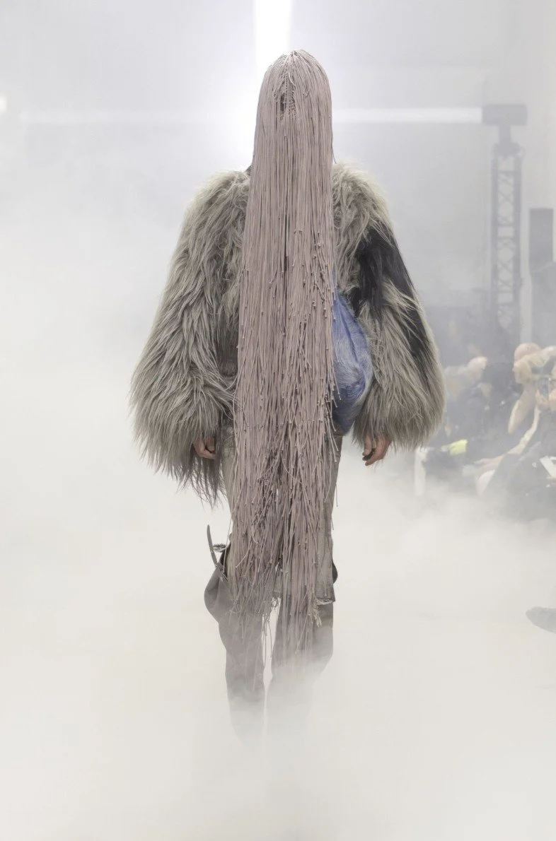 Shearling outerwear and hand-made macramé mask from Rick Owens AW26 TOWER collection