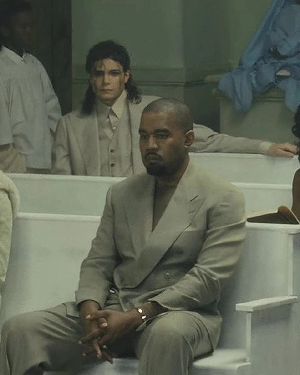 Kanye West and Michael Jackson impersonator Fabio Jackson in the music video "Father," directed by Bianca Censori, from Ye's album Bully, 2026.