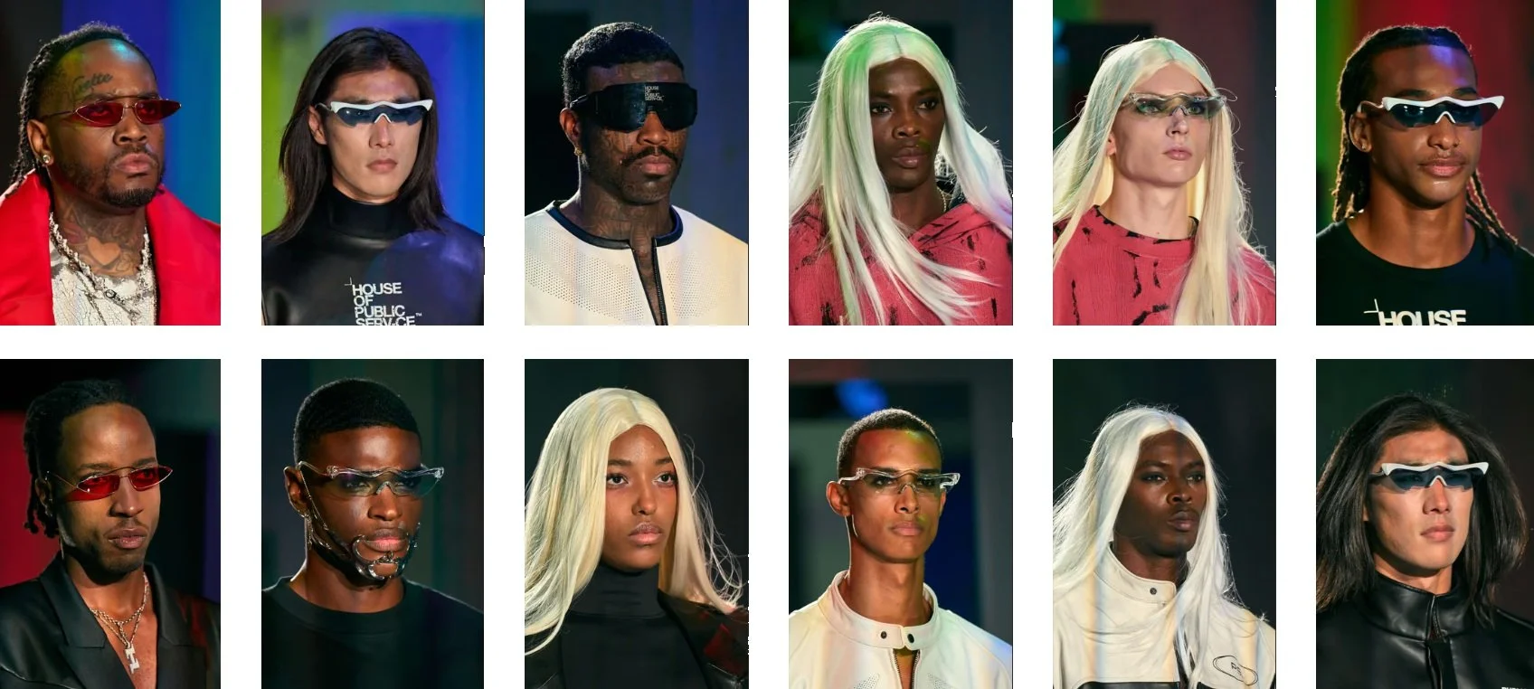Model on the runway in Raphael Young's The Rest Is Noise SS27 collection for House of Public Serv-ce at New York Fashion Week glowing Zaha Hadid eyewear selection