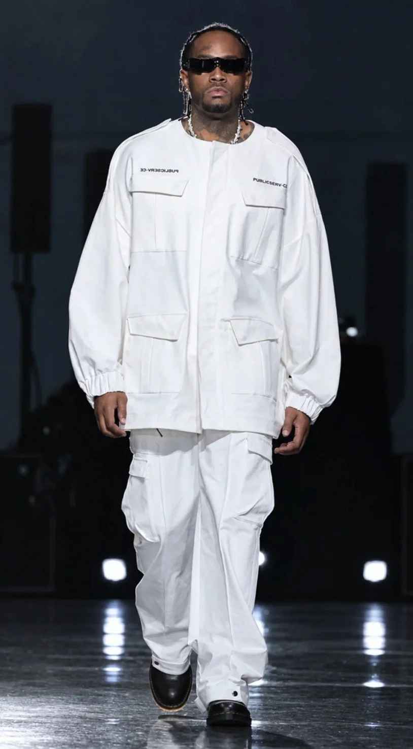 Model on the runway in Raphael Young's The Rest Is Noise SS27 collection for House of Public Serv-ce at New York Fashion Week