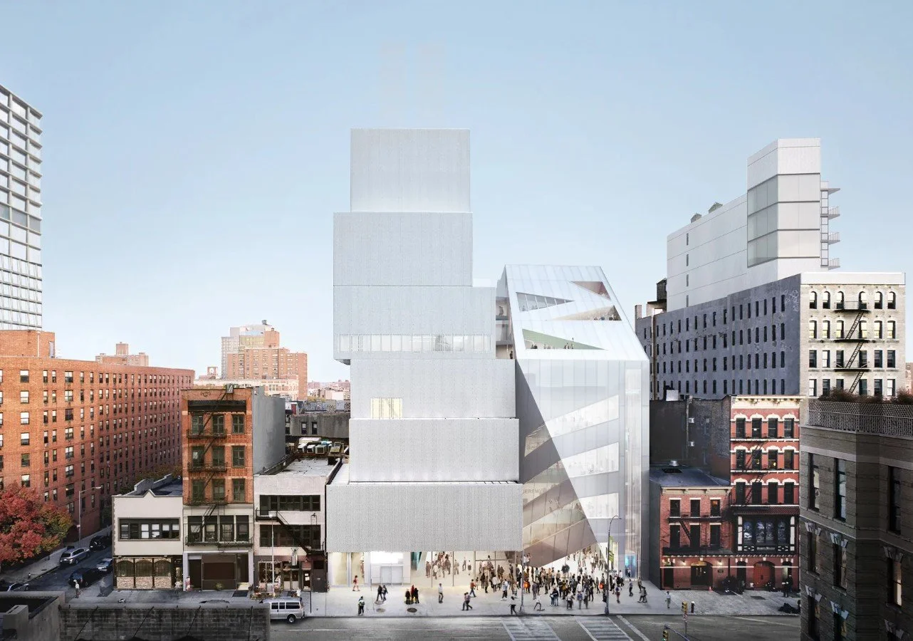 Exterior of the New Museum's new OMA-designed expansion at 235 Bowery, New York, opening March 21 2026 with exhibition New Humans: Memories of the Future