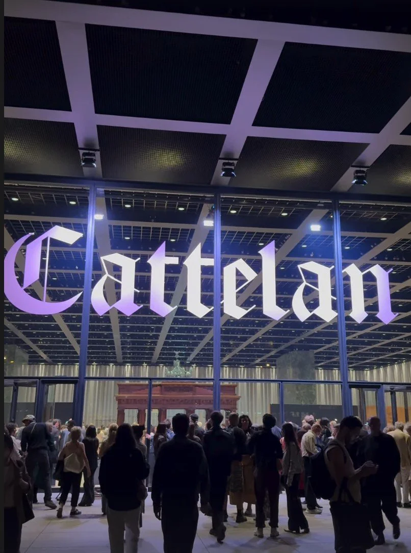 Visitors gather at the entrance to the Neue Nationalgalerie for the opening of Maurizio Cattelan’s NIGHT exhibition in Berlin.