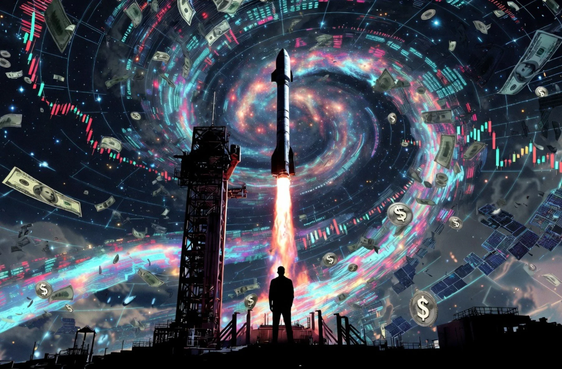 SpaceX rocket blasting through cosmic money chaos and stock charts for the Worlds Apart SpaceX IPO article on Anarchy Daily