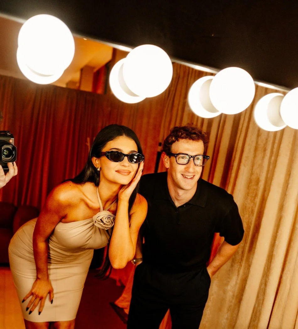 Mark Zuckerberg wearing a pair of Meta glasses along Kylie Jenner at Meta AI glasses launch in New York