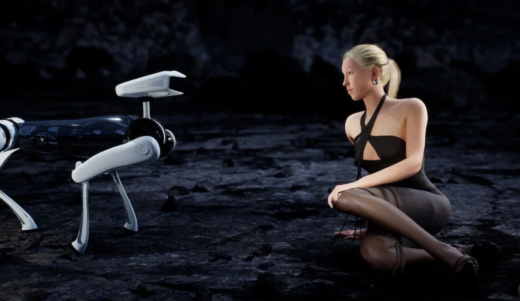 Humanoid robot interacting with model Lila Moss, demonstrating AI integration