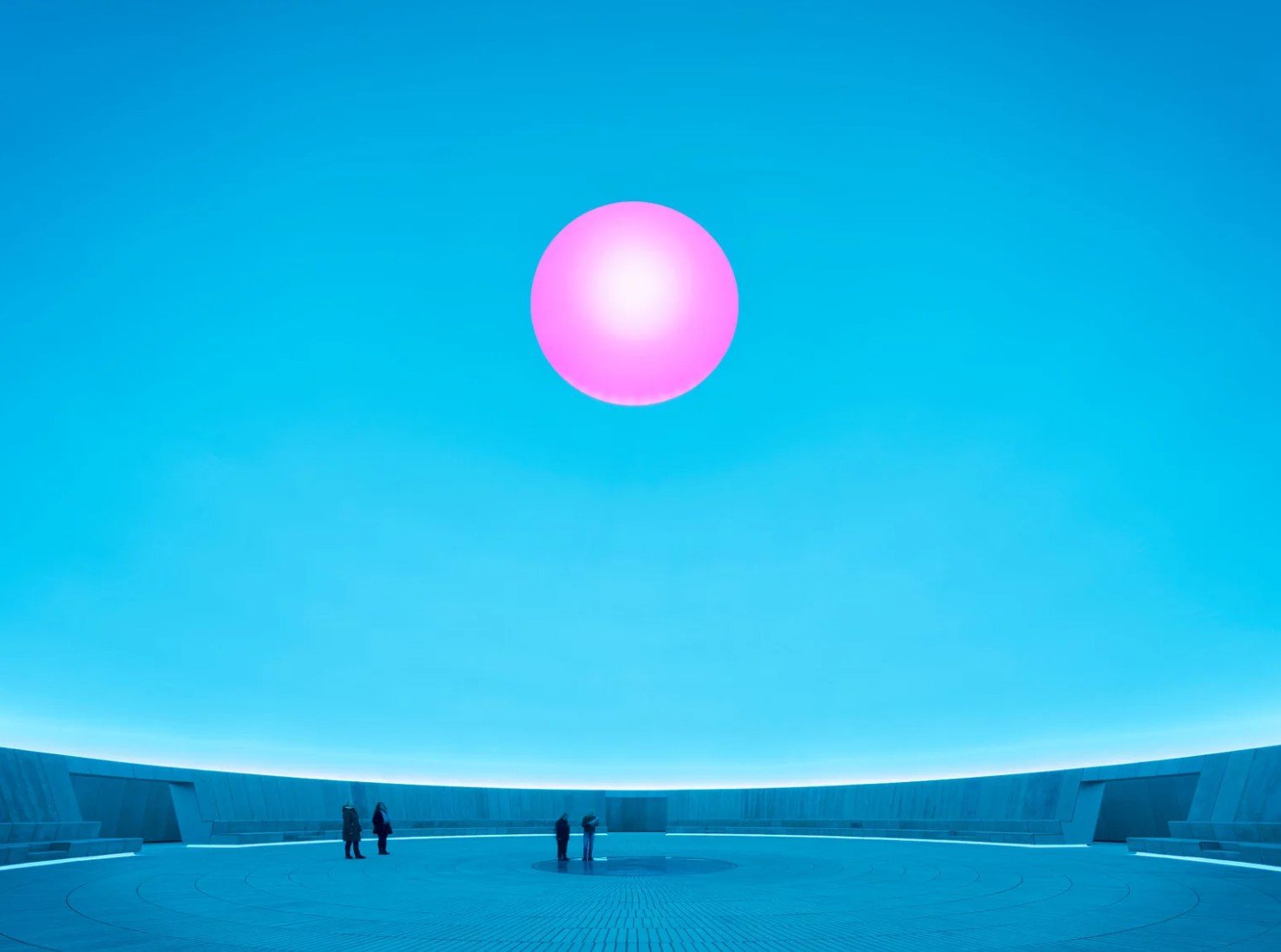 James Turrell, As Seen Below The Dome, blue light, pink aperture, visitors, ARoS Aarhus Art Museum, Denmark 2026