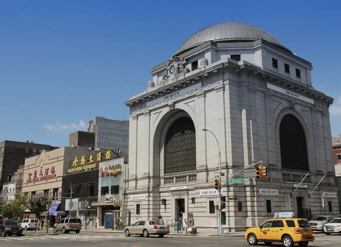 Landmarked Citizens Savings Bank building at 58 Bowery and Canal Street Chinatown New York