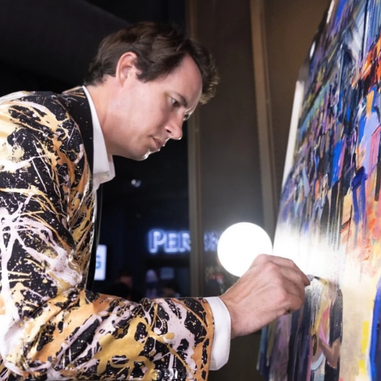 A wonderful night LIVE PAINTING for @unitedrecyclersgroup at @sportssocialorlando in @pointeorlando !! This was a wild night painting on stage, full of inspiration and exciting people. It was great to meet you all and please feel free to call me for 