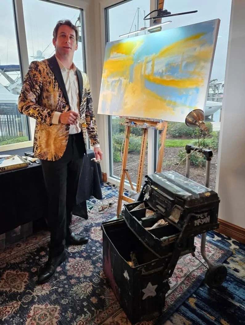 Heres a little inside look at my live art painting process. This was for the fine people at @candlelightersofbrevard hosted at the @eaugallieyachtclub &mdash;- I start out with general color fields in the composition. Layering and playing with the pa