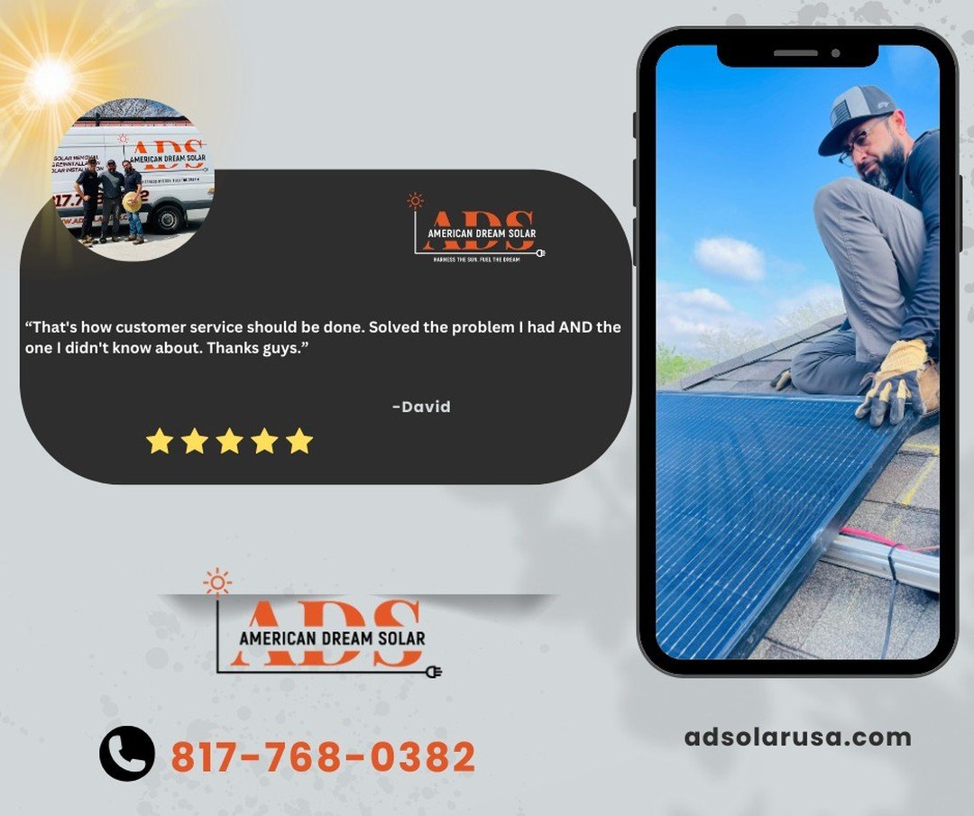 Happy Friday! Starting the day off with another review from one of our many satisfied customers!😀😀😀 It's a good day to install some solar the American Dream Solar way! 

#solarinstallation #solarexperts #dfwsolar #enphase #teslasolar #customersati