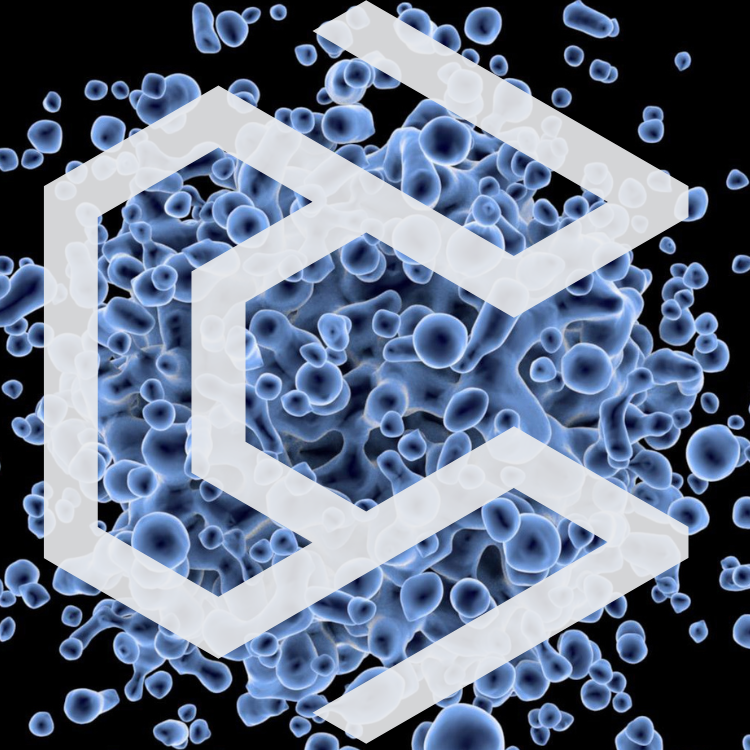 3D render of microscopic blue cells with transparent geometric overlay on black background.