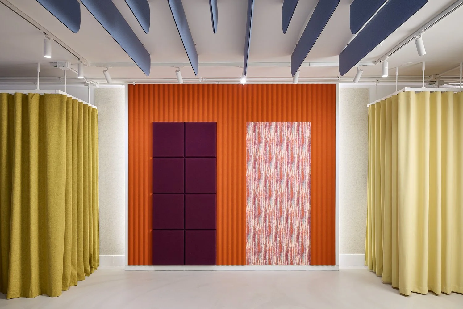 Slalom Acoustics sound-absorbing panels installed in a commercial interior, combining architectural acoustic performance with contemporary Italian design. U.S. distribution and project support by Leuk Interior Finishes.