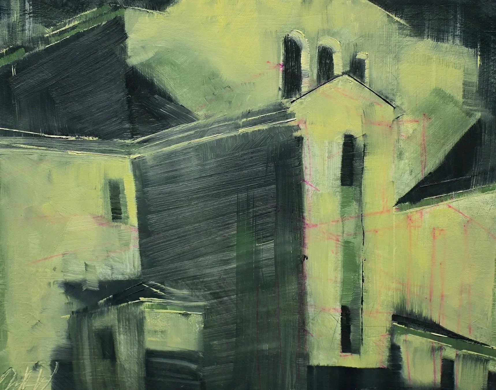 Citaldel__2024__11x14"__Oil on Board___Plein-air painting of a local church near my home. Done at night, my color mixing became skewed and warped creating this eery place of worship.