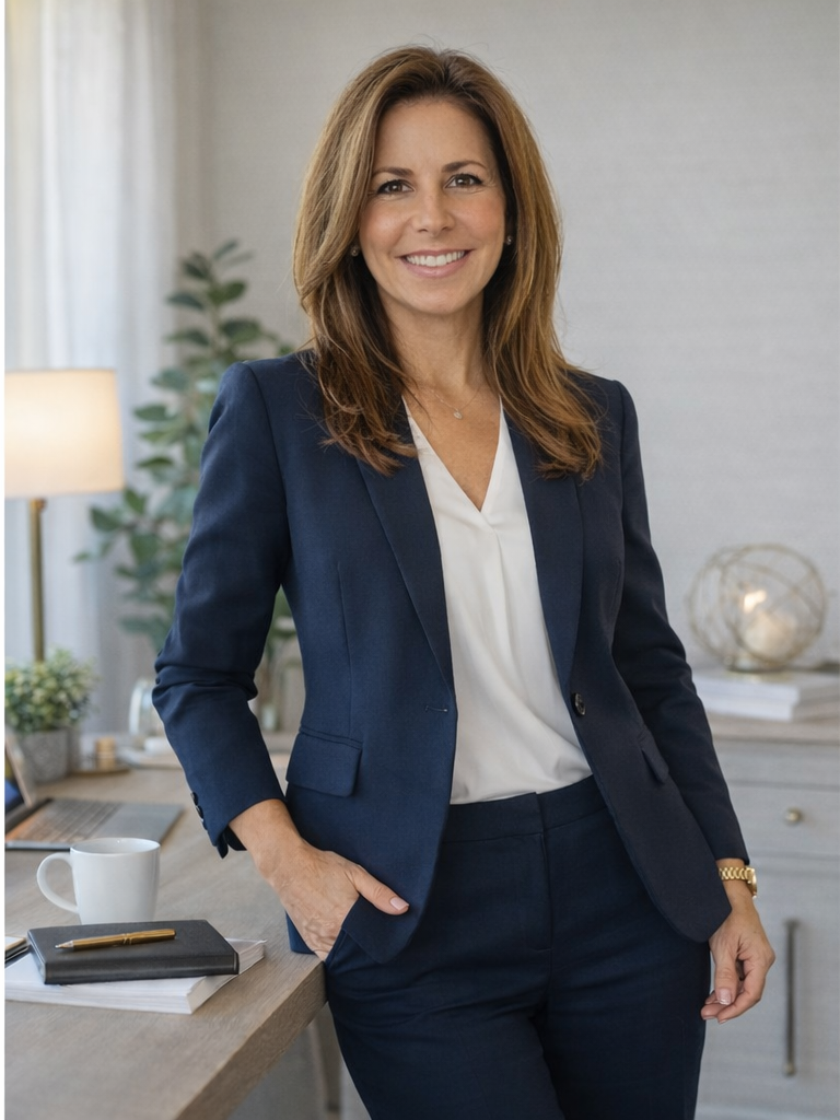 A professional woman in a navy blue suit standing in a home office, smiling at the camera.