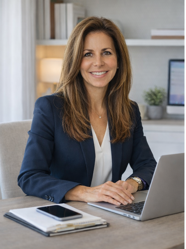 Smiling woman with brown hair, wearing a navy blazer, sitting at a desk with a laptop, smartphone, and notebook, in a modern office setting.