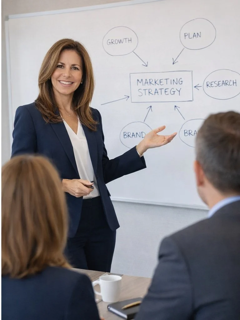 Fractional CMO at whiteboard talking to clients