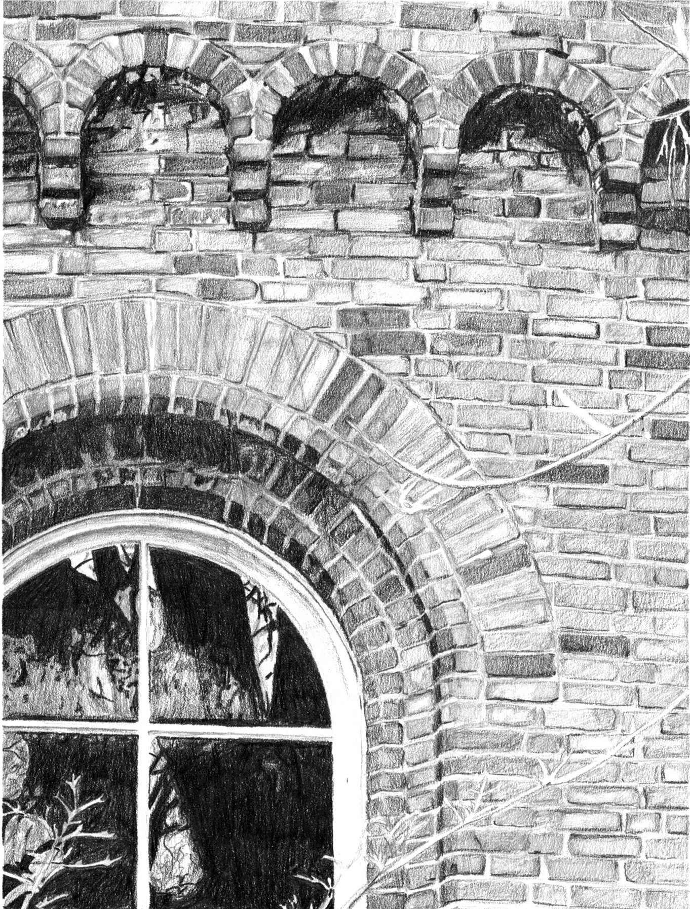 Black and white drawing of a brick building wall with a large arched window and small arched brick architrave above it. The window shows reflections of trees and sky.