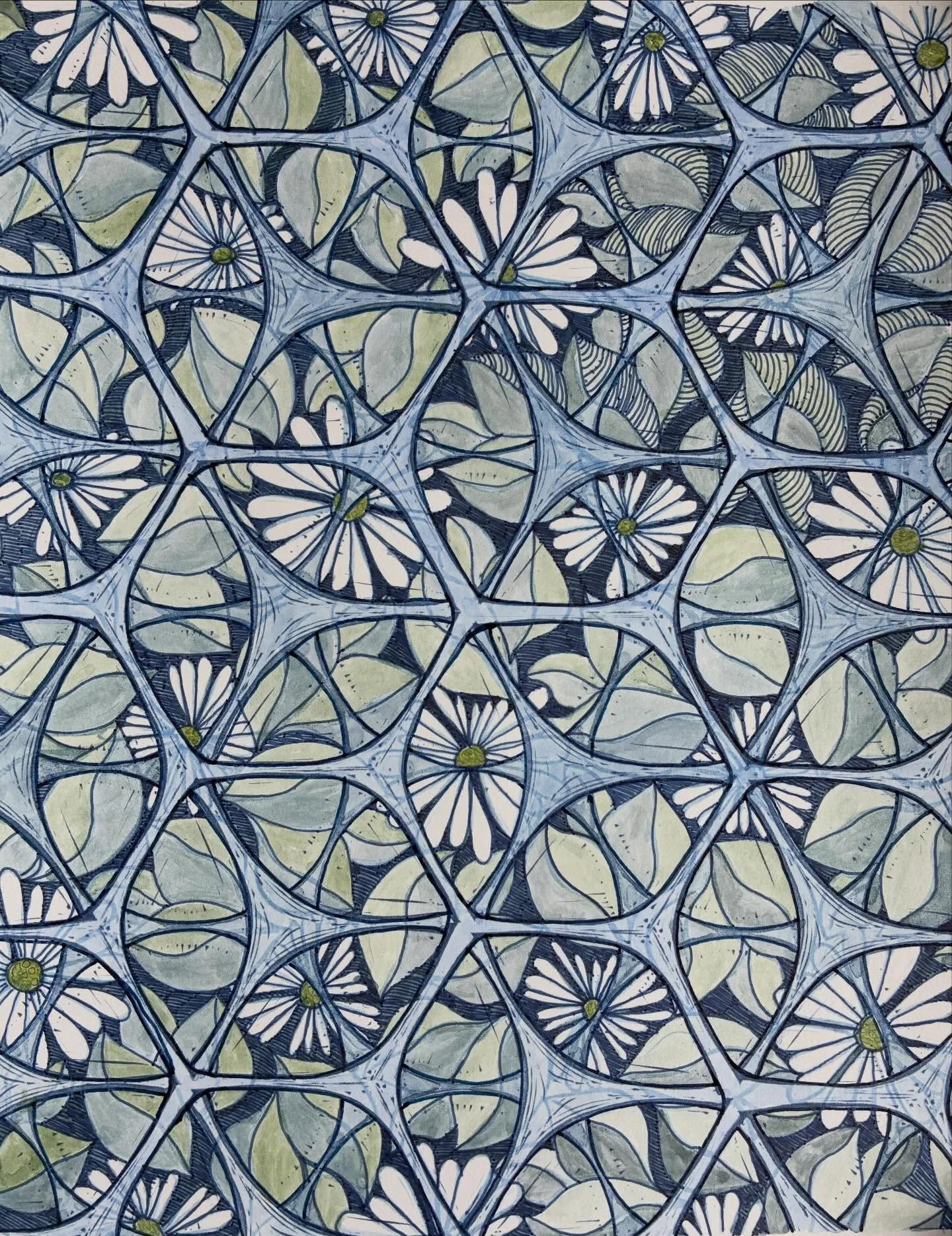 This is a print of yesterday&rsquo;s pattern mixed with a floral pattern.  I am still working on pushing the leaves back, and once that&rsquo;s done I&rsquo;ll work on shading of yesterday&rsquo;s pattern to make it pop.  Let&rsquo;s see how it goes!