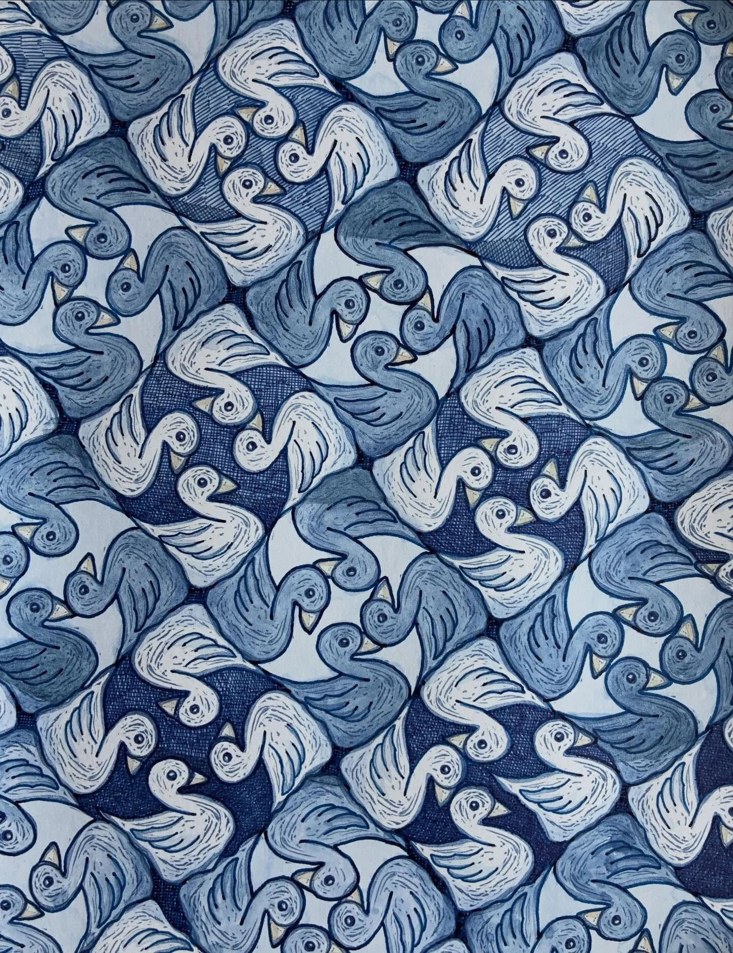 Have been working on a happy print in the last few days not to get overwhelmed by sadness.  I  am not sure it is done, but I will print doves next and hope they help me and others cope.

#martaharveyart #blockprinted #handcarvedstamps #duckpattern