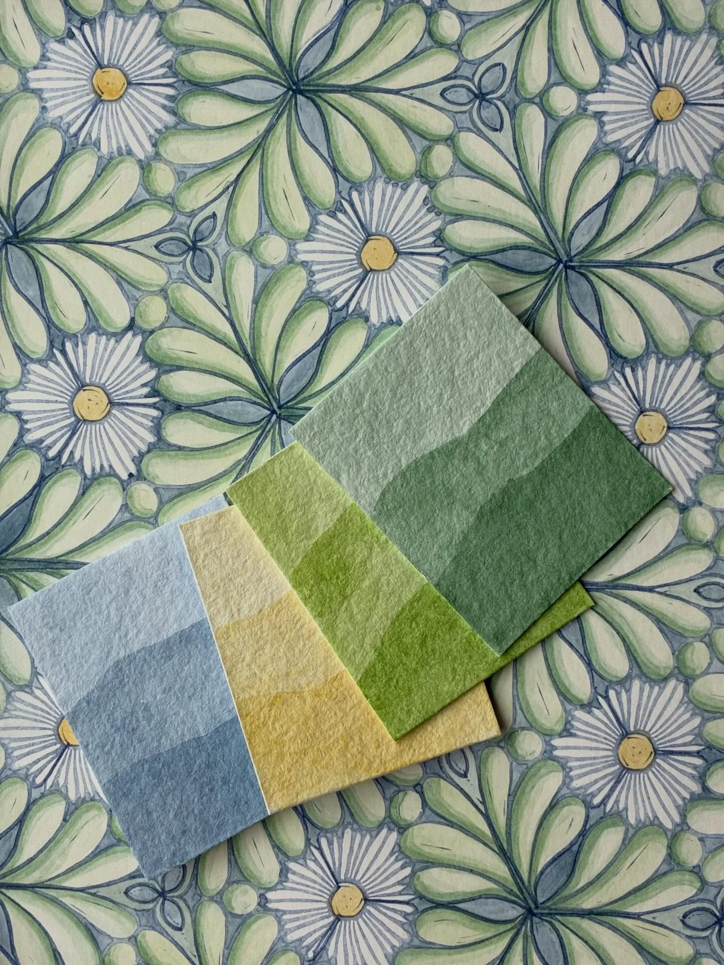 Felt a bit more comfortable picking these colors after using the swatches I made for my Inktense pencils.  Swipe to see a more recent picture of the work in progress.

#martaharveyart #blockprint #floralpattern #inktensepencils