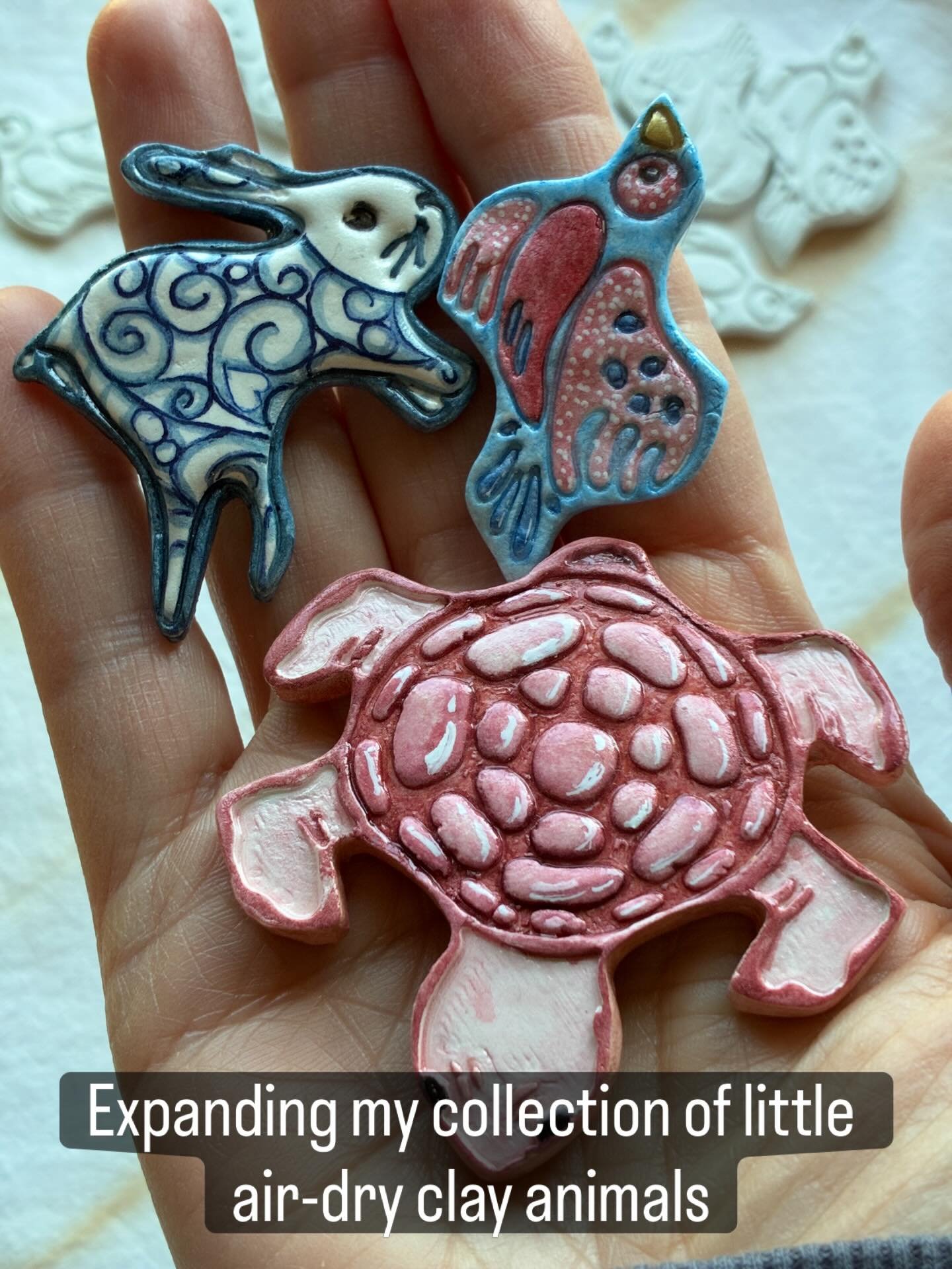 Continuing to explore how to make my little dry-clay animals fit together like they are meant to.  I am letting them dry together and that helps; but I am messing them up a bit trying to put them together while they&rsquo;re really soft.  Still need 