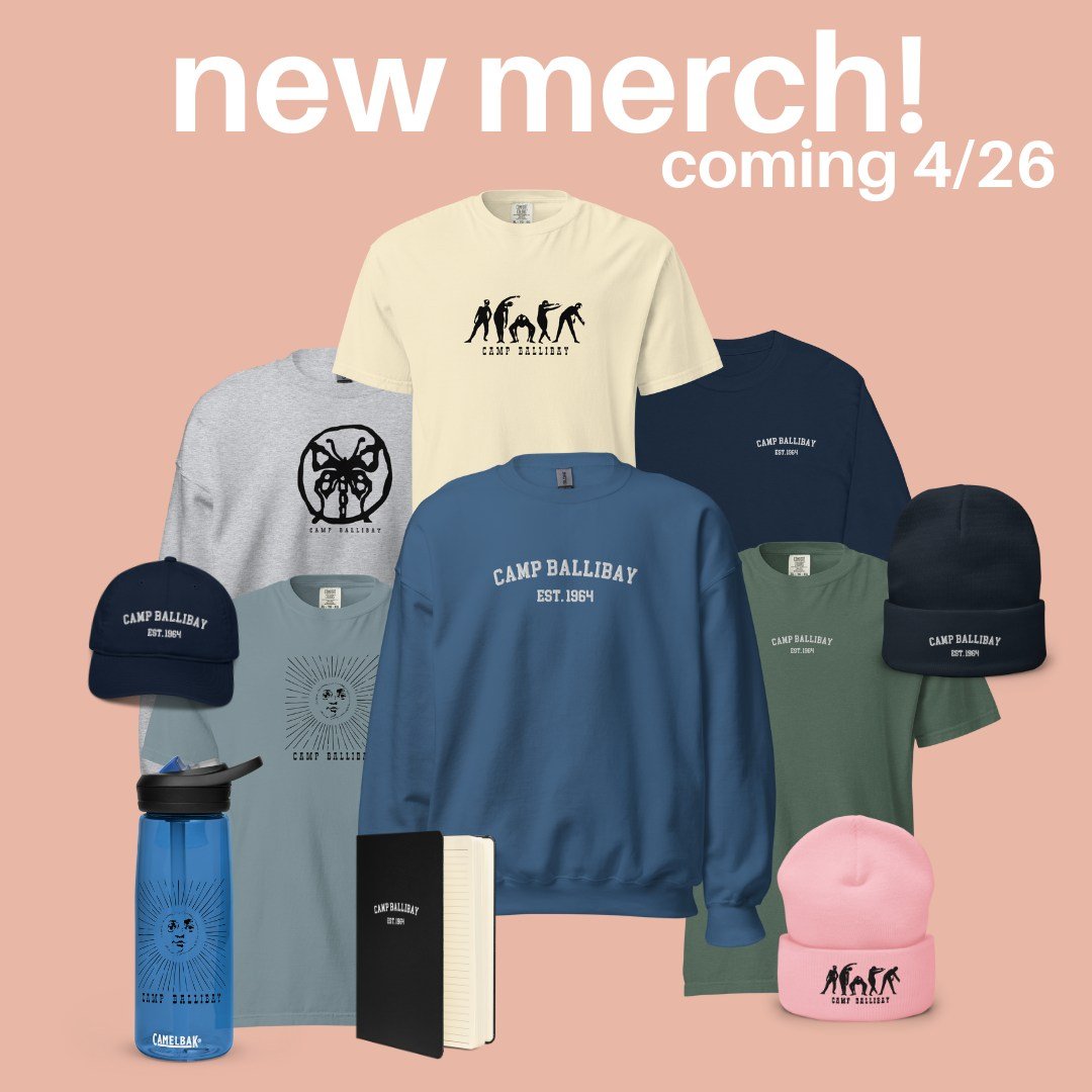 ⭐EXCITING NEWS ALERT!⭐ Our new merch drops next Friday! 
Our merch features designs and sketches from Ballibay co-founder, Dottie Jannone, along with some new Ballibay staples. 🌞🦋
Be sure to check out our website next Friday, April 26th for this la