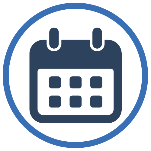 Icon of a calendar enclosed in a blue circle.