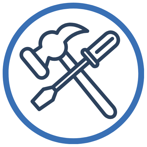 Tools icon with a wrench, screwdriver, and hammer within a blue circle.