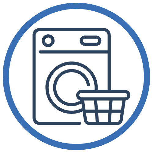 An icon of a washing machine with a laundry basket in front of it, enclosed in a blue circle.