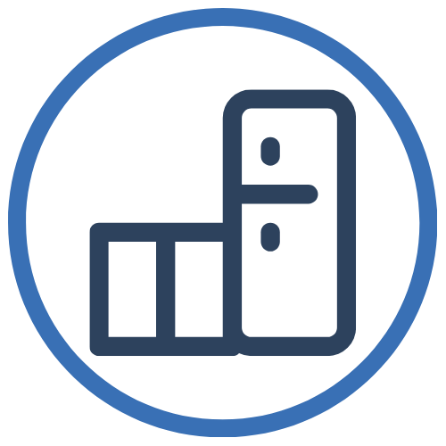 Bar graph icon within a blue circle.