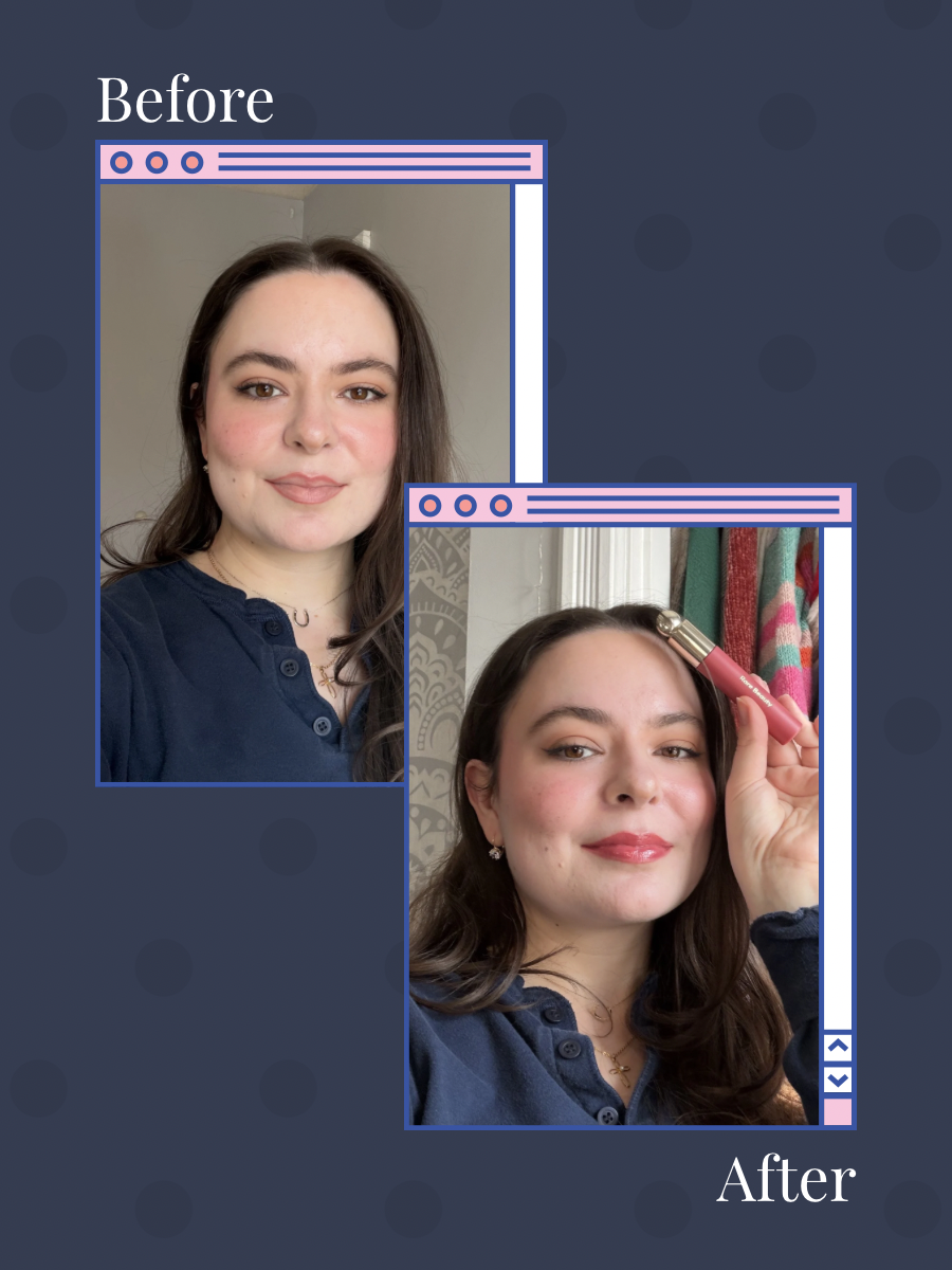 Before application and after application of the Rare Beauty Soft Pinch Lip Oil Tint in shade "Wonder".