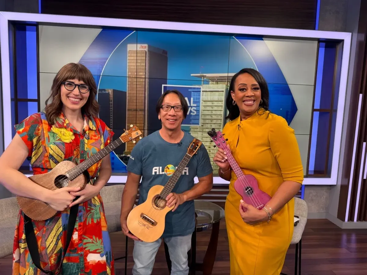 KCAL news with Mitch Change and Amy Johnson promoting LA Uke Fest 2025.webp