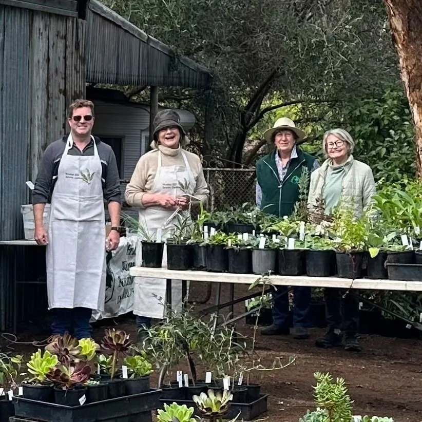 Four people standing outdoors behind tables with potted plants. They are smiling, and some are wearing aprons and hats, with a background of trees and a fence.