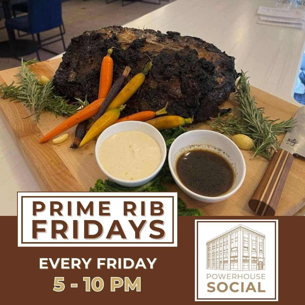Join us tonight at Powerhouse Social for a delicious Prime Rib Special from 5-10 pm. Our expertly cooked cuts of meat will exceed your culinary expectations. Don't miss out on this delightful feast! 🍖😋🍽️ #PrimeRibFriday #PowerhouseSocial #Scottsbl