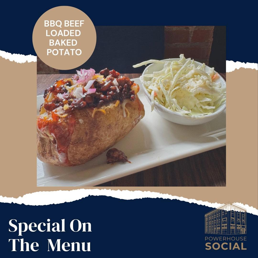 &mdash; Tuesday comfort food &mdash; 
bbq beef loaded baked potato made with Fitzke BBQ sauce, served with house made cole slaw #lunchtime #bakedpotato #comfortfood #powerhousesocialrestaurant #powerhouseonbroadway #downtownscottsbluff #local #scratc