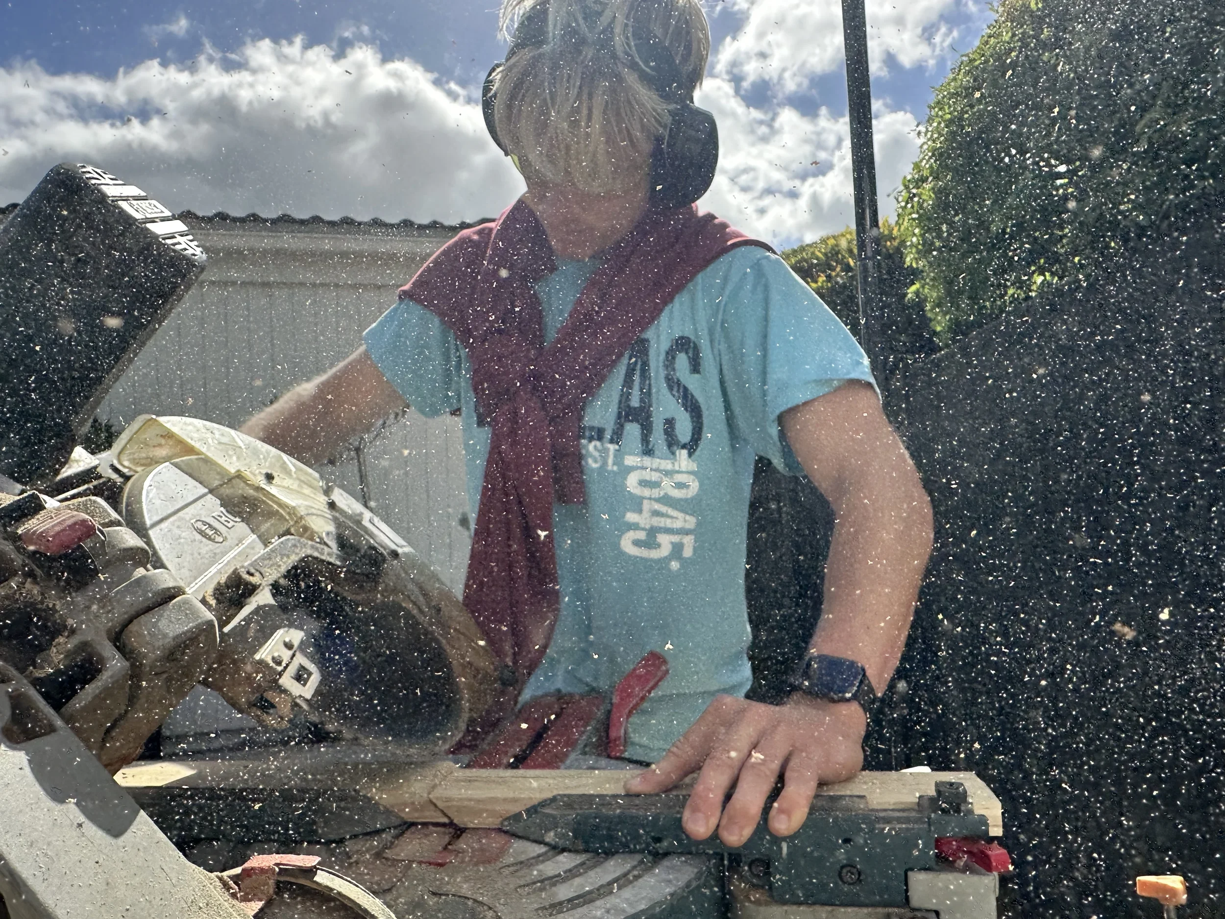 Rinat and his son Ravil starting timber deck framing at an entrance in Cockle Bay, February 2026