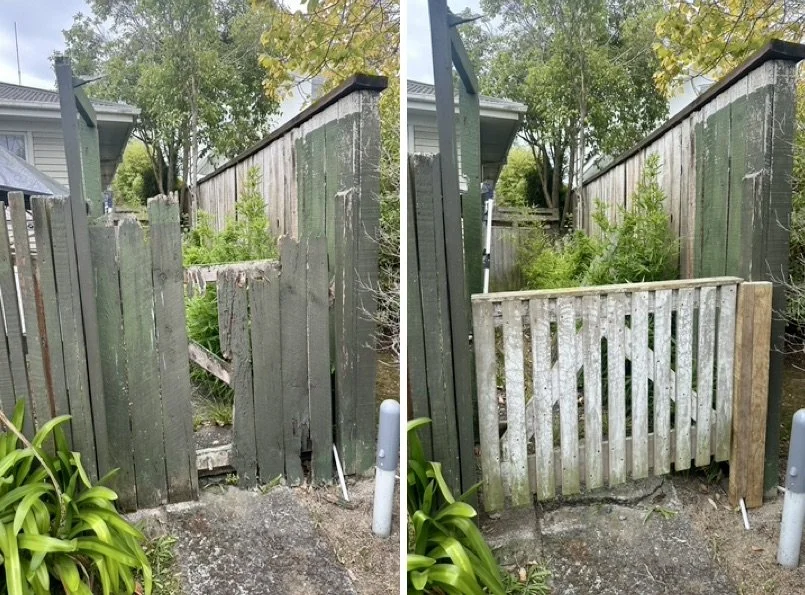 Broken and damaged old gate fully repaired and replaced with a strong new secure gate. Professional gate repair, fence gate installation and hinge replacement services in Auckland. Improving home security, access and curb appeal with quality workmans