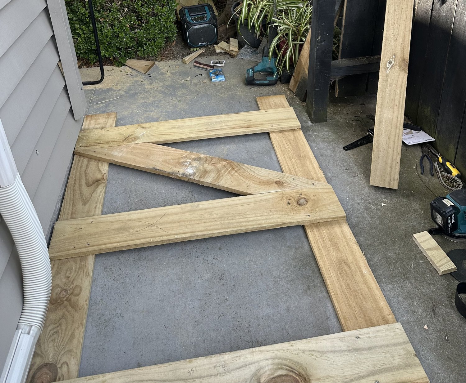 Custom timber garden gate frame being assembled to match the existing gate in Shelly Park