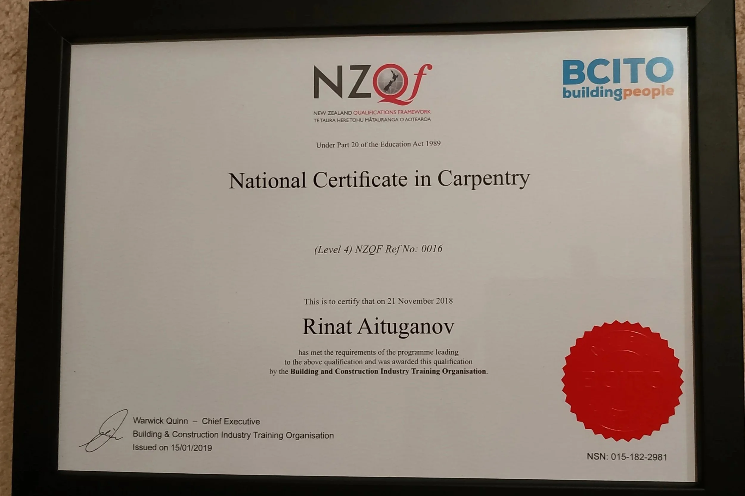 New Zealand Certificate in Carpentry Level 4 qualification awarded to Rinat of Handyman Botany