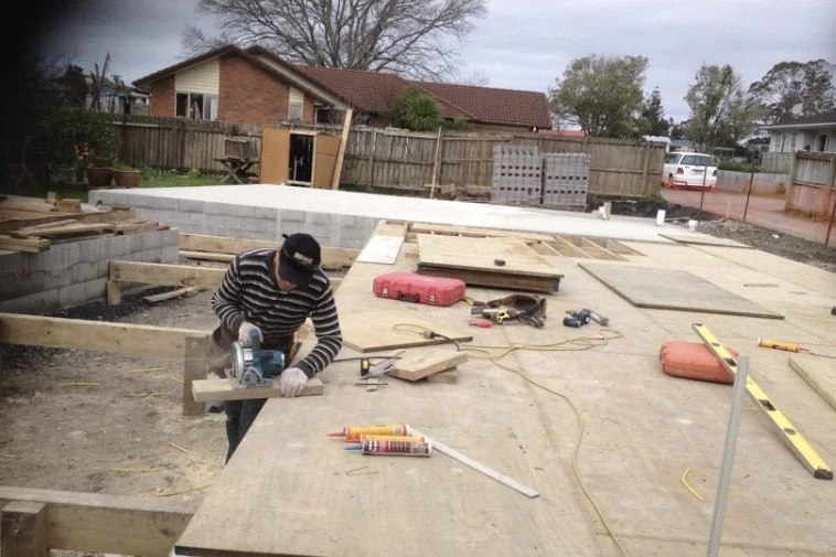 New build subfloor framing during carpentry training with Arctic Limited, Auckland 2014