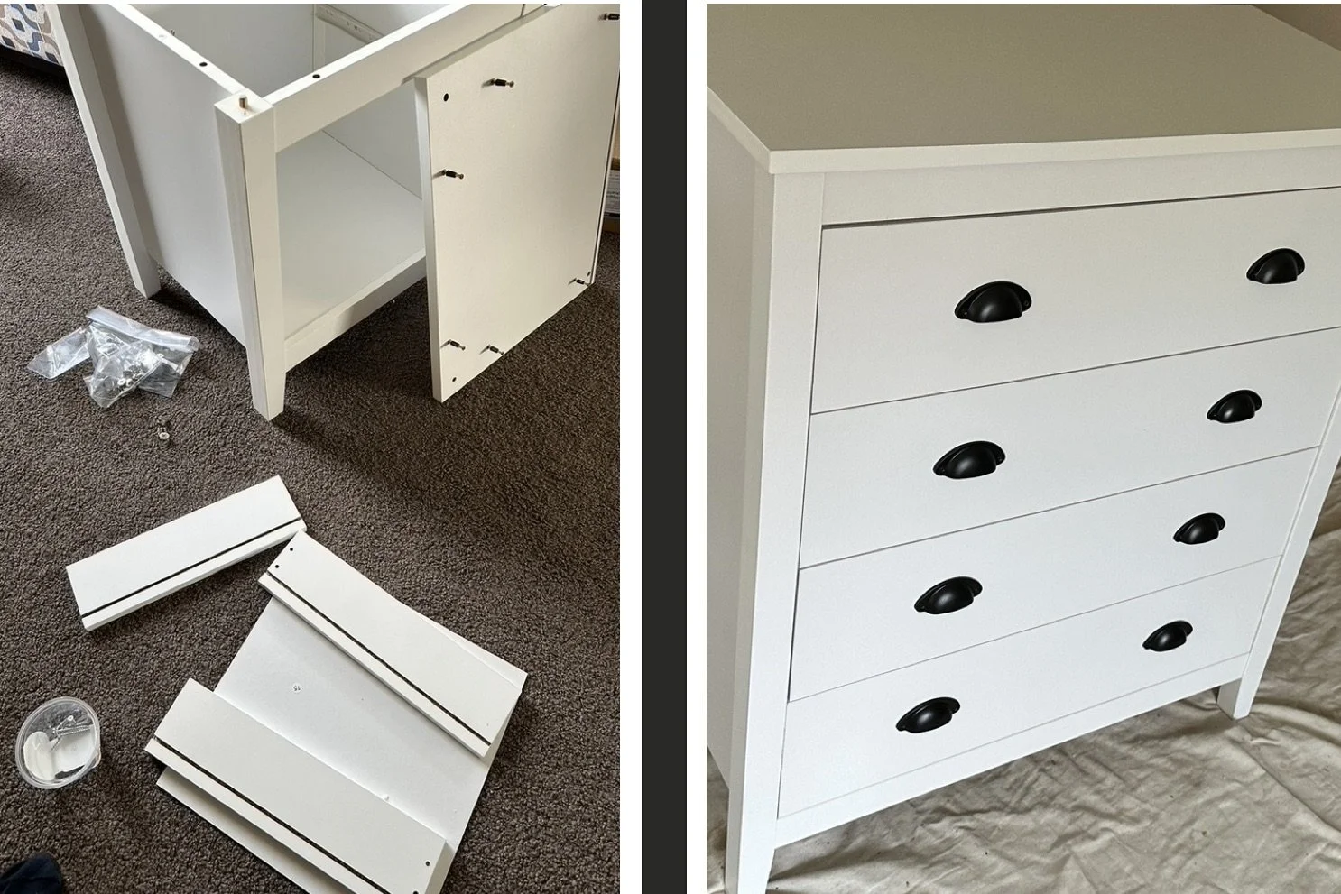 Flat-pack chest of drawers, bedside tables and table assembled for a client in Botany